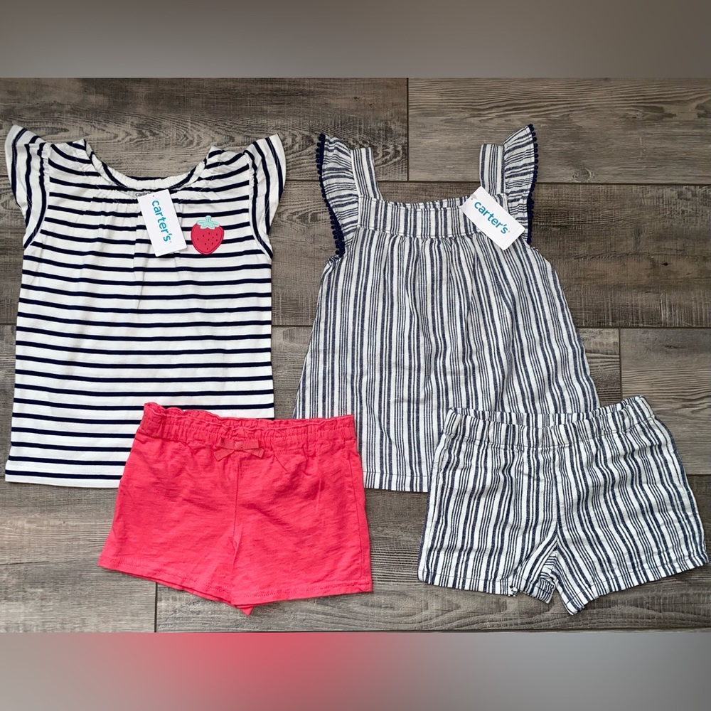 NWT Carter’s Pink Strawberry 55% Linen Blue Stripes 2pc Shorts Sets Bundle 4 4T
